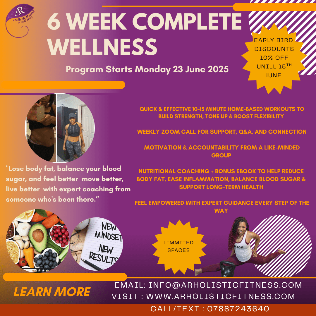 Promotional poster for Annetta Reid’s 6-Week Complete Wellness Program showing key benefits including body fat loss, sugar balance, inflammation reduction, and daily home workouts.